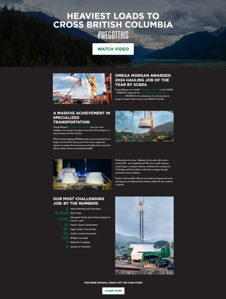 Landing page for an industrial service provider's project overview feature